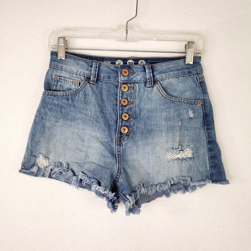 Rewash Denim Shorts Juniors 3 High Rise Button Fly Frayed Hem Distressed Blue - Picture 1 of 9